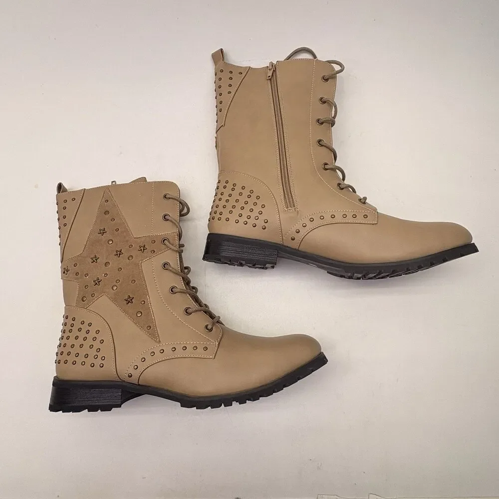 Gia-Mia Star Combat Boots Women’s 13 Tan Studded Lace Up Side Zip NIB